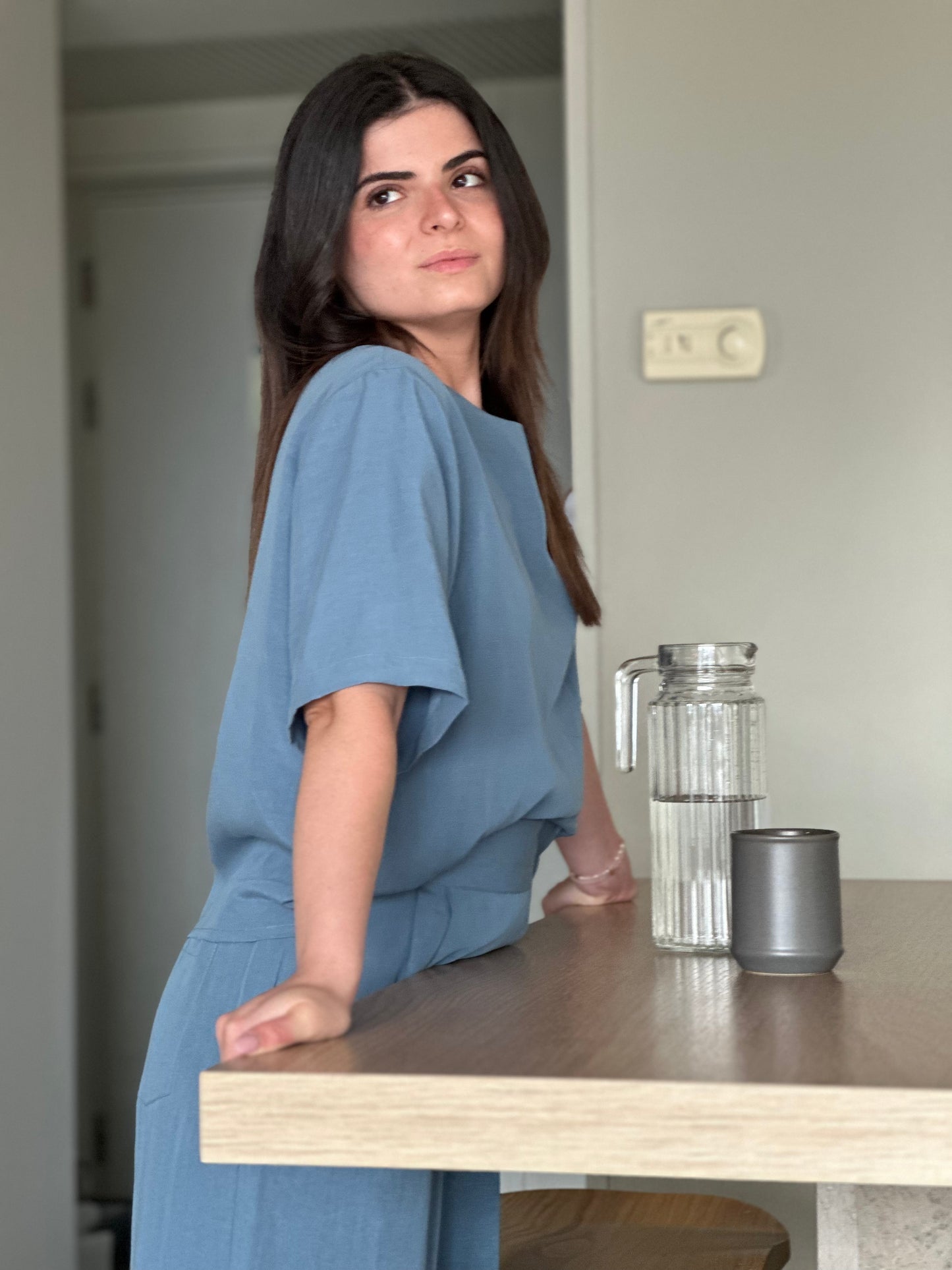 Blusa de Manga Curta Sementa | Cor Azul-Acinzentado
