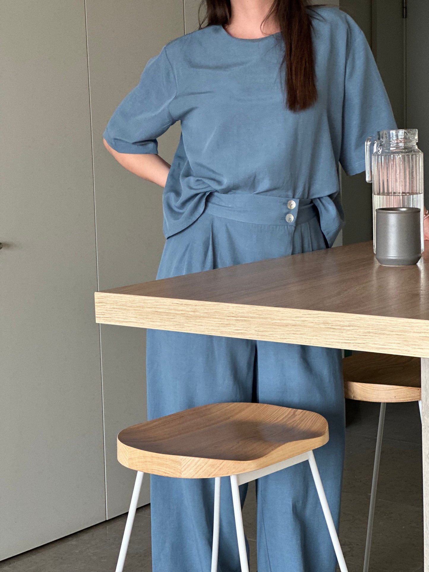 Blusa de Manga Curta Sementa | Cor Azul-Acinzentado