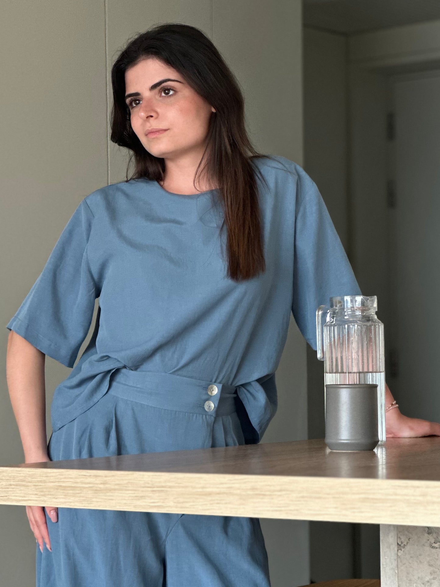 Blusa de Manga Curta Sementa | Cor Azul-Acinzentado