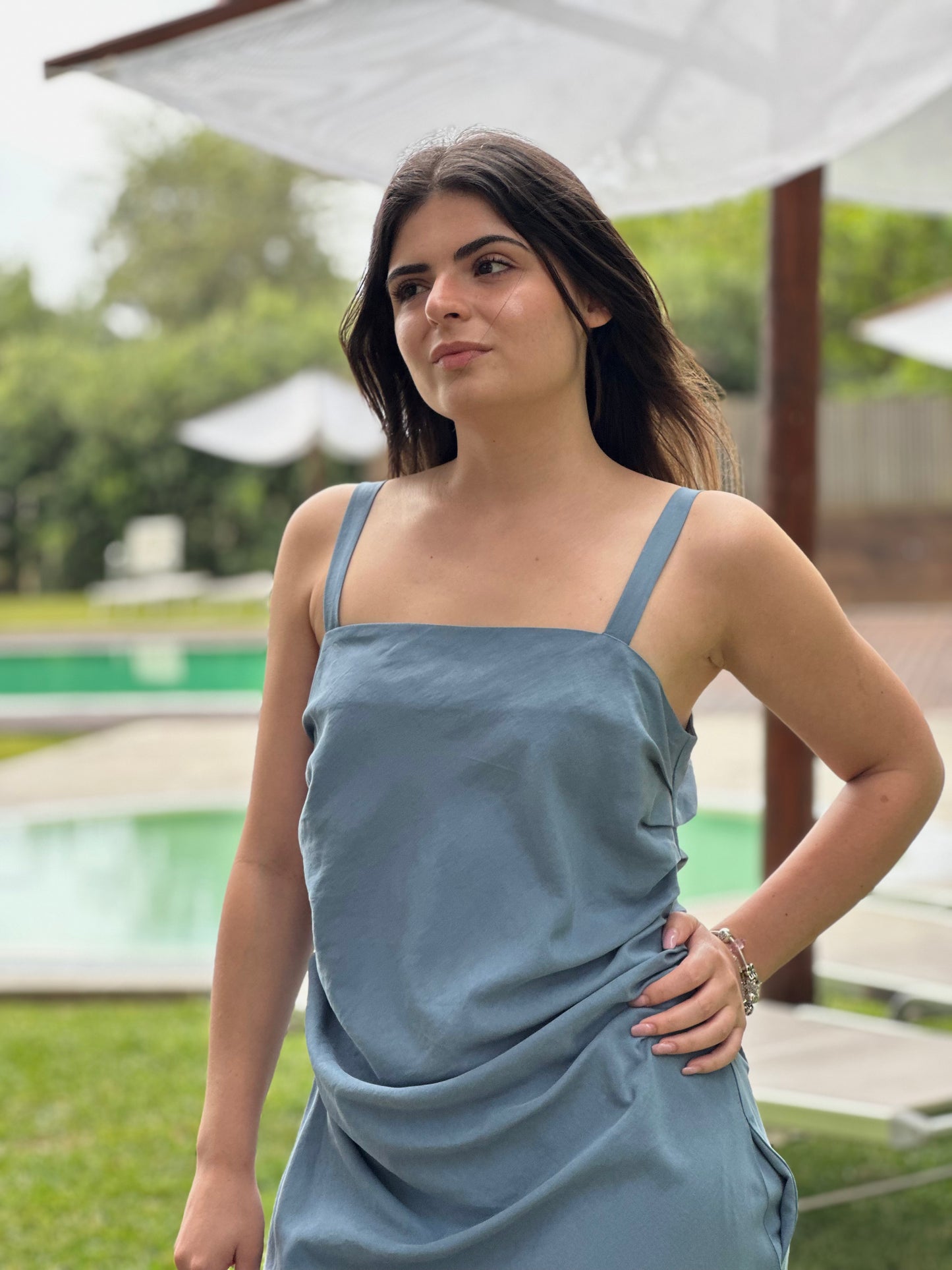 Vestido com Pregas Sementa | Cor Azul-Acinzentado