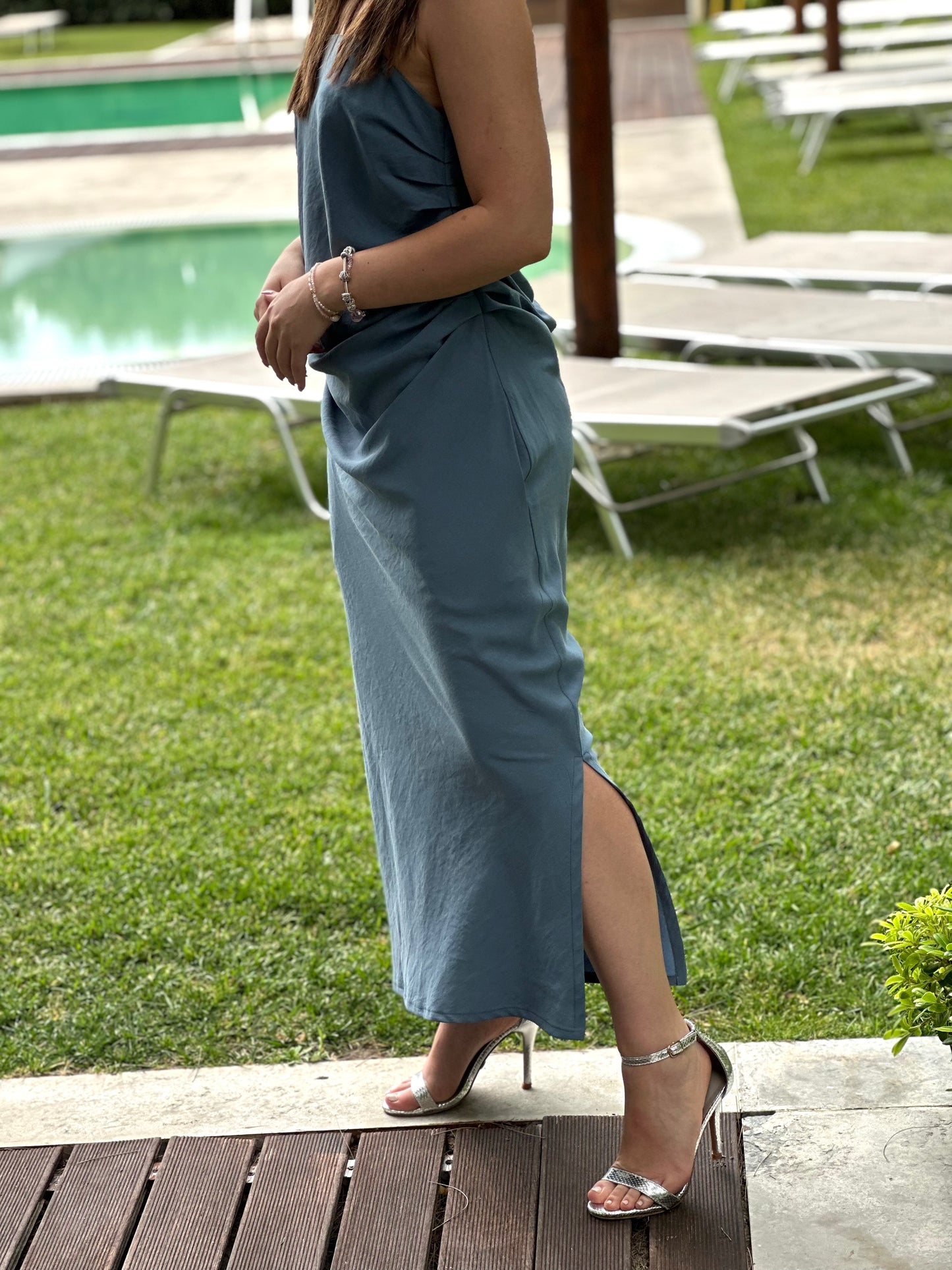 Vestido com Pregas Sementa | Cor Azul-Acinzentado
