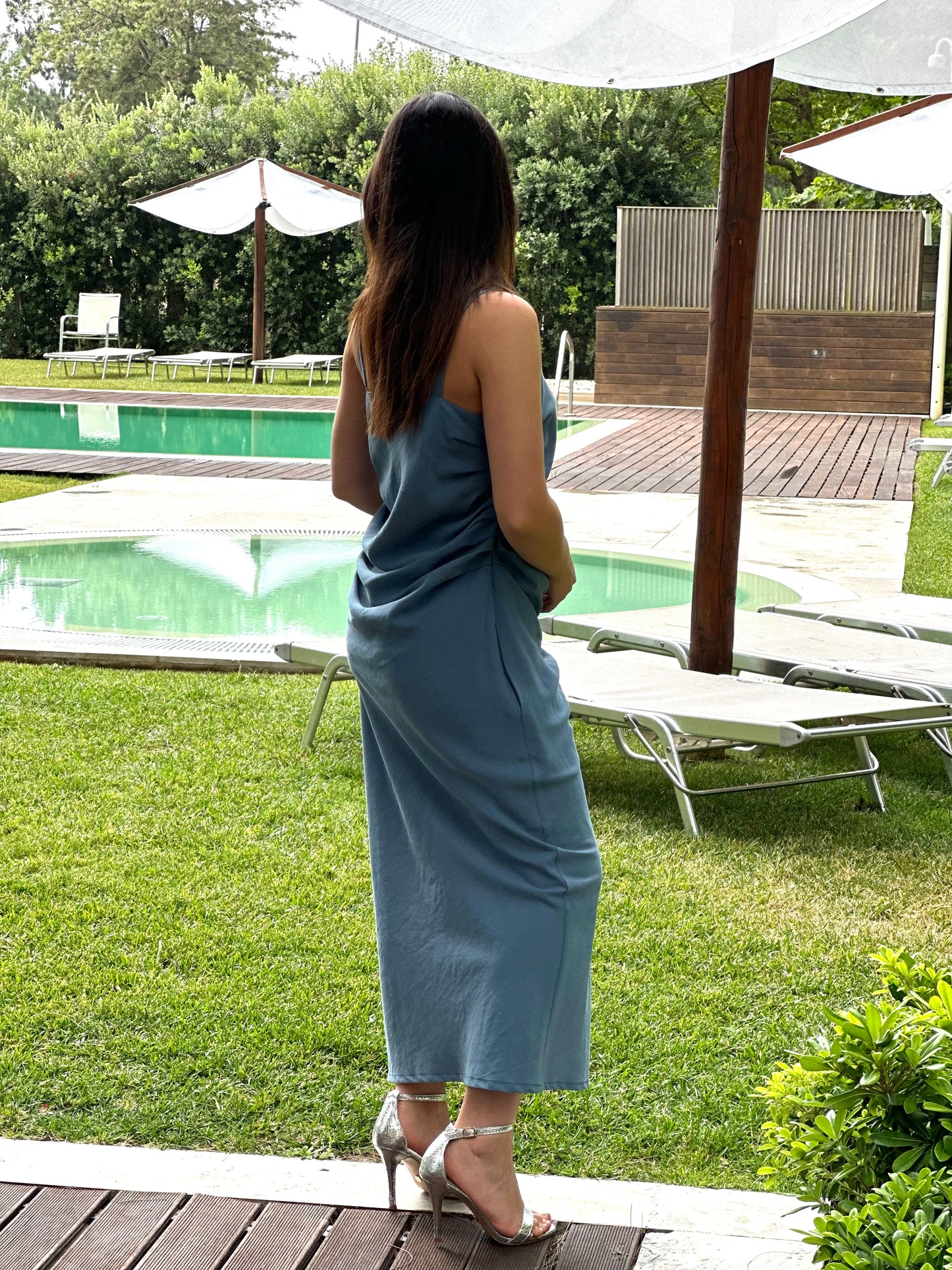Vestido com Pregas Sementa | Cor Azul-Acinzentado