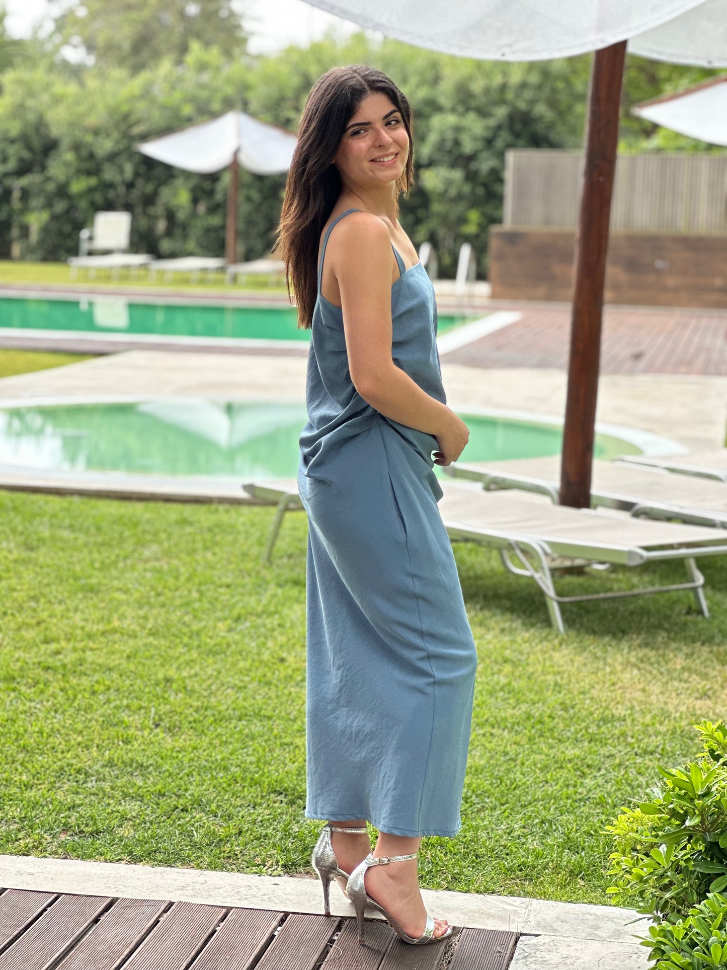 Vestido com Pregas Sementa | Cor Azul-Acinzentado