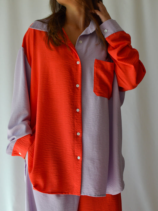 Camisa Nescence Oversized | Duo Lilás e Vermelho-Alaranjado | Manga Comprida | Tamanho único