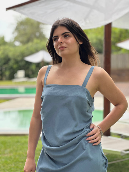 Vestido com Pregas Sementa | Cor Azul-Acinzentado
